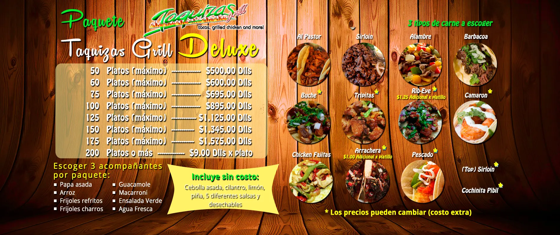 Paquete Taquizas DeLuxe - Tacos al pastor, alambre, sirloin, alambre, barbacoa, buche, tripitas, rib-eye, camaron, pescado,  fajitas de pollo, arrachera - El Paso, Texas